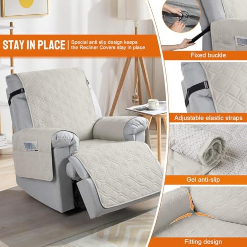 100% Waterproof Recliner Chair Coversn, Non-Slip Chair Cover, Furniture Protector, Washable Slipcover with Pocket, Elastic Straps for,Pets C, Beige - Image 4