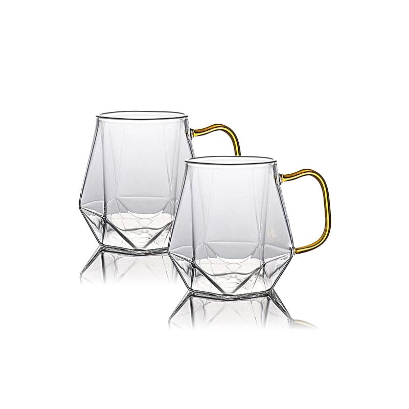 AEFPOYMXU 10 oz Clear Glass Espresso Cups Set of 2 Coffee Cups with Handle Crystal Coffee Mug Borosilicate Heat Resistant for Liquor Tea Beverages Milk Latte Cappuccino