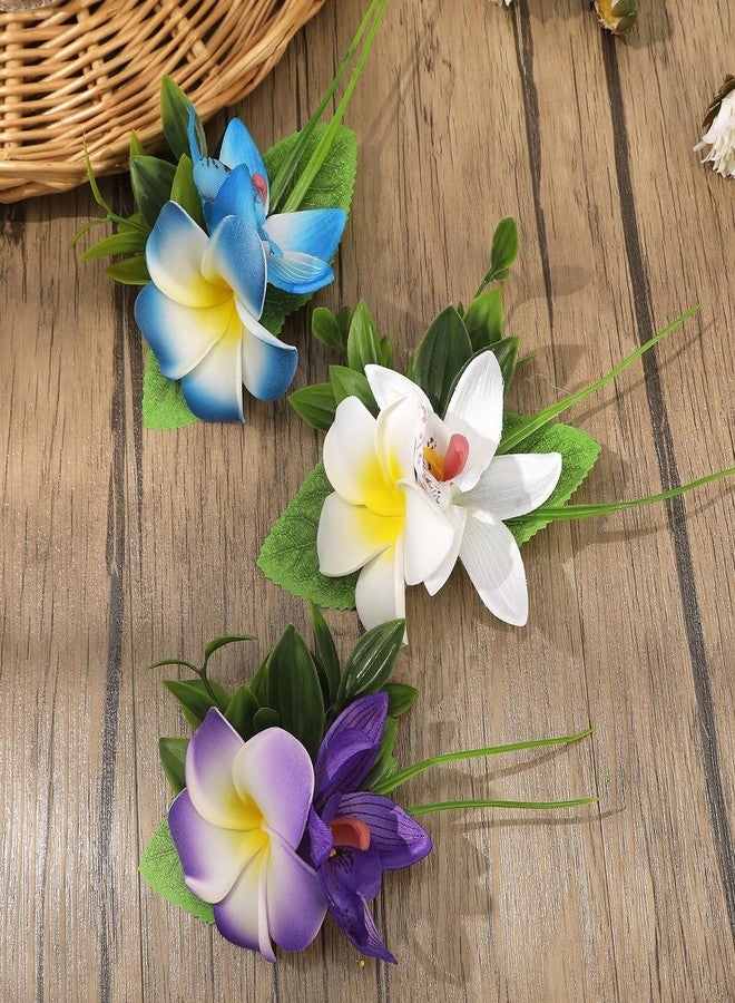 OCOUYVD 3 PCS Hawaiian Flower Hair Clips for Women Plumeria Hibiscus Hair Barrettes Hawaiian Artificial Flower Accessories for Vacation Beach Party Boho Clips for Girls Wedding（white Blue Purple） - Image 4