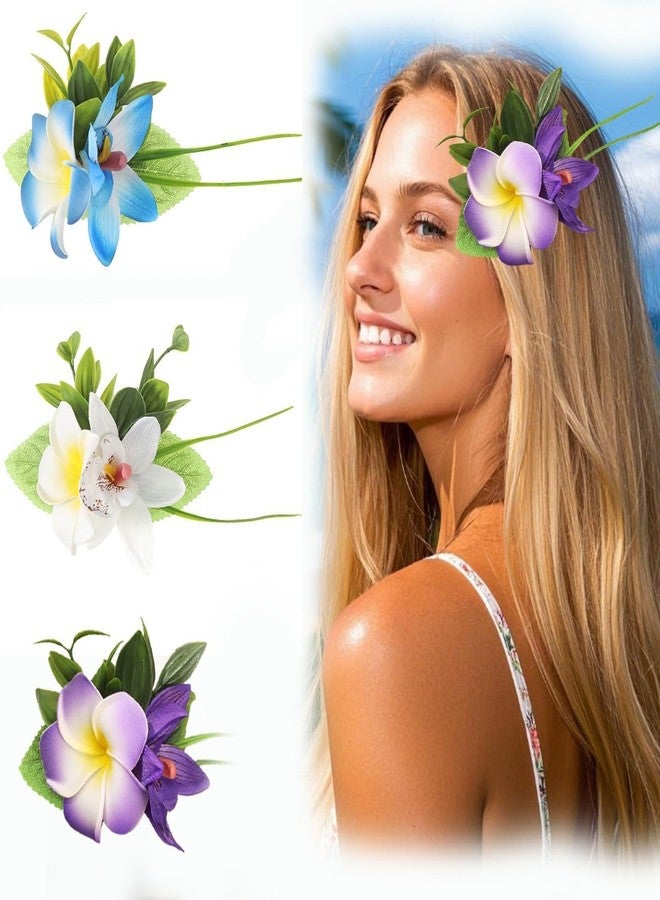 OCOUYVD 3 PCS Hawaiian Flower Hair Clips for Women Plumeria Hibiscus Hair Barrettes Hawaiian Artificial Flower Accessories for Vacation Beach Party Boho Clips for Girls Wedding（white Blue Purple） - Image 1