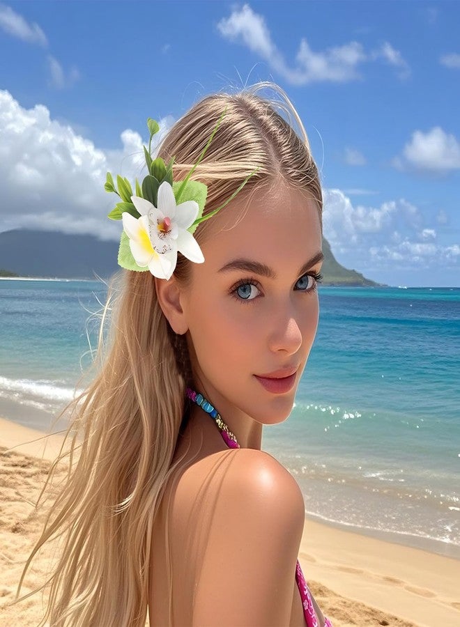 OCOUYVD 3 PCS Hawaiian Flower Hair Clips for Women Plumeria Hibiscus Hair Barrettes Hawaiian Artificial Flower Accessories for Vacation Beach Party Boho Clips for Girls Wedding（white Blue Purple） - Image 3