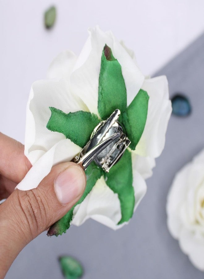 فولي مشابك شعر على شكل زهور ورد صناعية بالكامل للنساء والفتيات، إكسسوارات شعر الزفاف (مجموعة من قطعتين) (أبيض) - Image 3