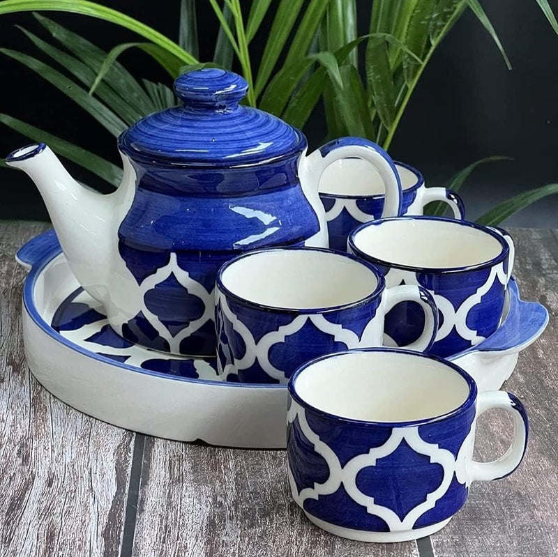 The Xstore The Hand Painted Kitchenware Ceramic Tea Kettle Set | Morning Tea Set | 1 Kettle(600ML) | 1 Tray | Tea Cup 4 Piece (180ML)| Mirowave Safe (Blue) - Image 1