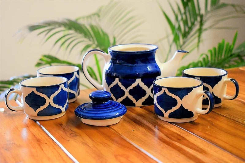 The Xstore The Hand Painted Kitchenware Ceramic Tea Kettle Set | Morning Tea Set | 1 Kettle(600ML) | 1 Tray | Tea Cup 4 Piece (180ML)| Mirowave Safe (Blue) - Image 2