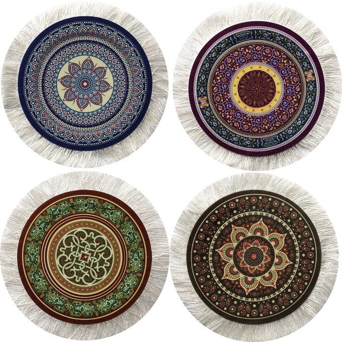 CARPET COASTERS SET OF 4 TURKISH RUG STYLE TABLE DRINK MATS ABSORBENT KITCHEN AND DINING ACCESSORIES SPILL DRIP PROTECTION ROUND