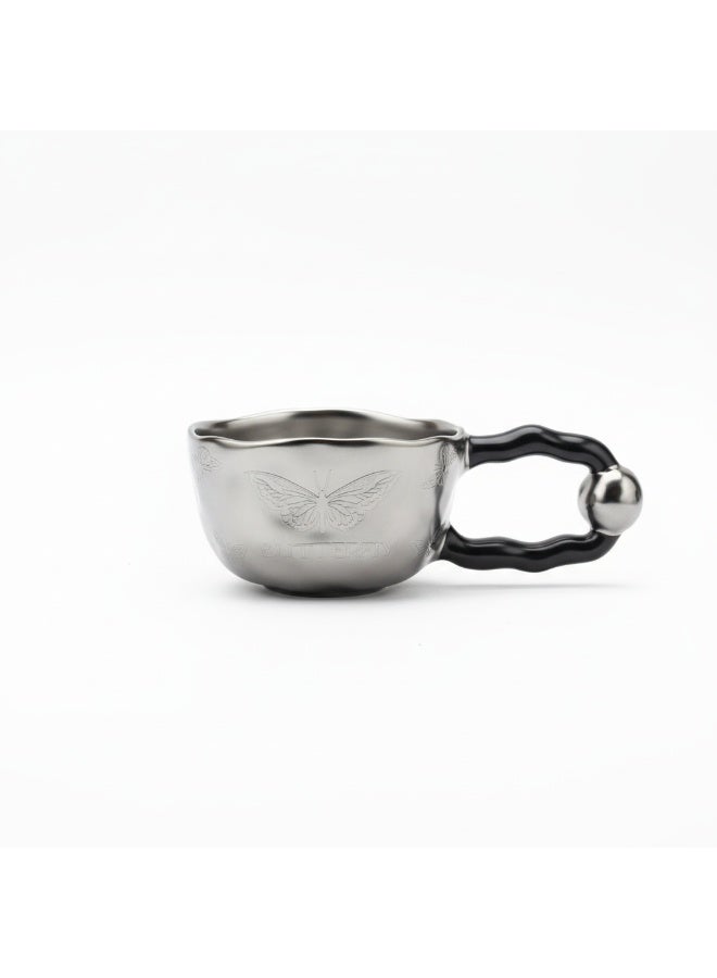 AKDC Silver Butterfly Embossed Ceramic Mug with Black Handle 250ML - Image 1