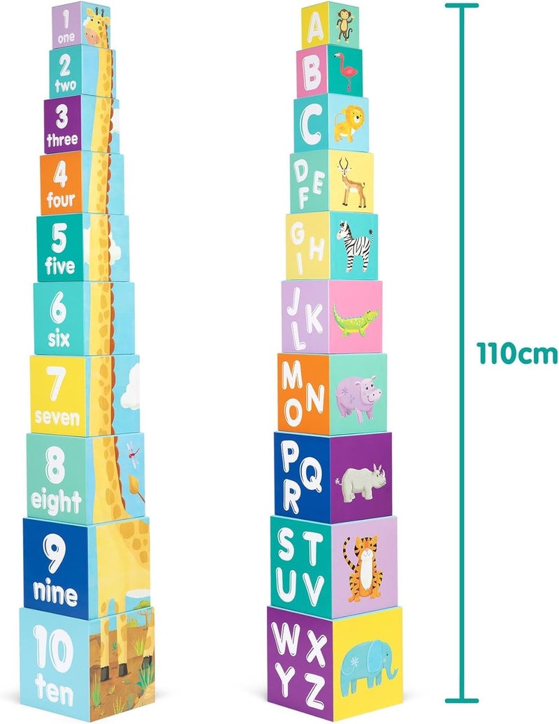 Boppi Stacking Cube Toy with Jungle Animals Letters Numbers, Montessori Cube Stacking Toy from 1 Year Stacking Tower as Motor Skills Toy Stacking Game from 1 Year Letters Cube Set - Image 4