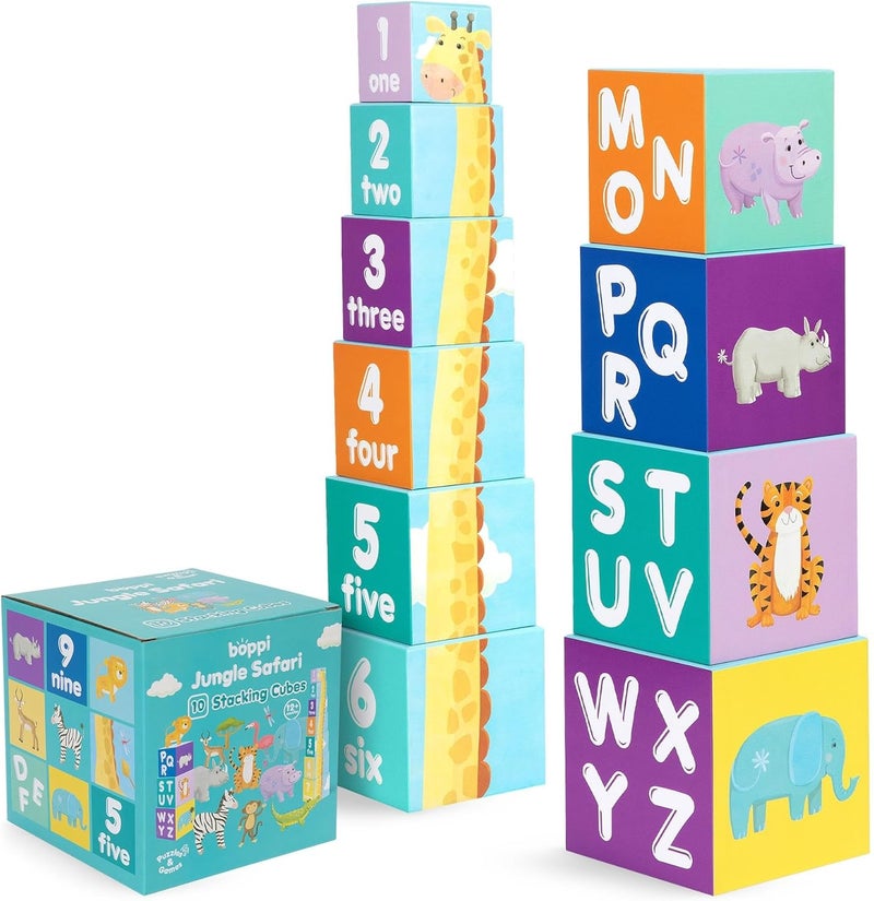 Boppi Stacking Cube Toy with Jungle Animals Letters Numbers, Montessori Cube Stacking Toy from 1 Year Stacking Tower as Motor Skills Toy Stacking Game from 1 Year Letters Cube Set - Image 1