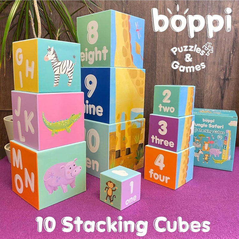 Boppi Stacking Cube Toy with Jungle Animals Letters Numbers, Montessori Cube Stacking Toy from 1 Year Stacking Tower as Motor Skills Toy Stacking Game from 1 Year Letters Cube Set - Image 2