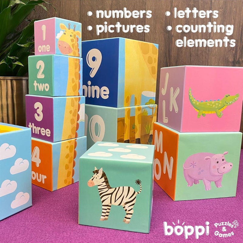 Boppi Stacking Cube Toy with Jungle Animals Letters Numbers, Montessori Cube Stacking Toy from 1 Year Stacking Tower as Motor Skills Toy Stacking Game from 1 Year Letters Cube Set - Image 3