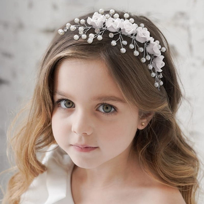 Campsis Campsis Flower Girl Headpiece White Pearl Wedding Headbands Rhinestone Hair Piece Tiara Bridal Bride for Women and Girls