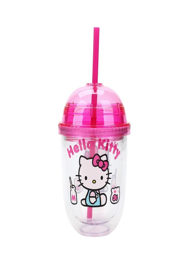 Bioworld Hello Kitty Drinks Character Art 13 Oz Double Wall Plastic Cup With Pink Dome Lid - Image 1