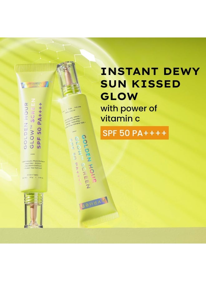 Hyphen Golden Hour Glow Sunscreen Spf 50 Pa++++ Dewy Glow & Bright Skin| Vitamin C Rich-10% Kakadu Plum & Peptides| Winter Sunscreen Moisturizer for Women & Men|Lightweight & Non Greasy, Uv & Blue Light Protection|Dry & All Skin Types - 40G - Image 2