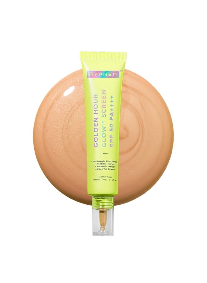Hyphen Golden Hour Glow Sunscreen Spf 50 Pa++++ Dewy Glow & Bright Skin| Vitamin C Rich-10% Kakadu Plum & Peptides| Winter Sunscreen Moisturizer for Women & Men|Lightweight & Non Greasy, Uv & Blue Light Protection|Dry & All Skin Types - 40G - Image 1