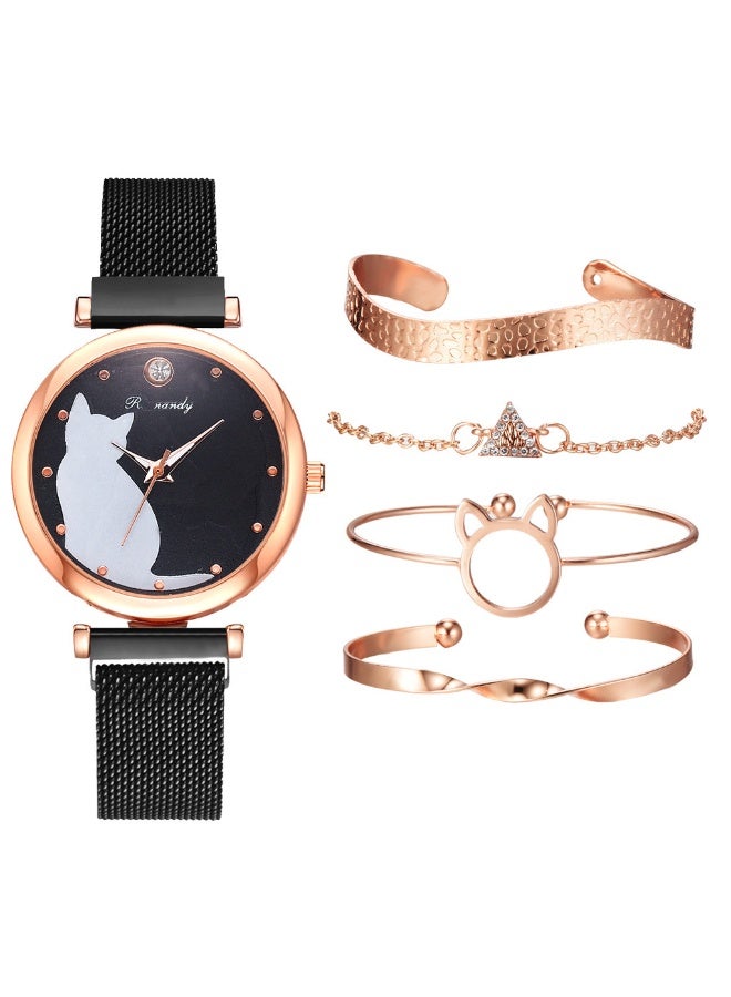 ريناندي مجموعات ساعات نسائية، 5 قطع مجموعة ساعات نسائية فاخرة وحديثة سوار من السبائك ساعة يد نسائية كوارتز سوار من السبائك - Image 1