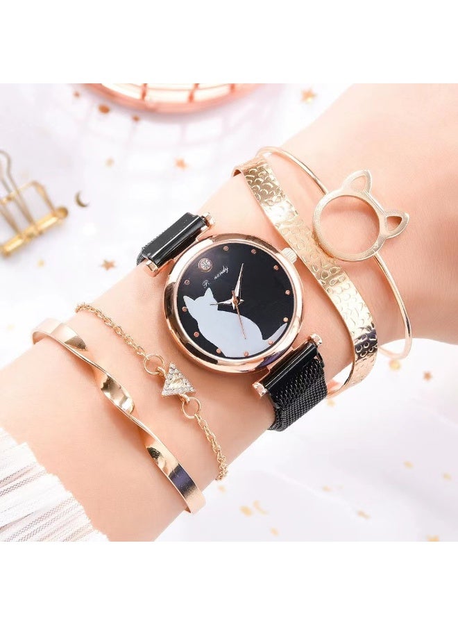 ريناندي مجموعات ساعات نسائية، 5 قطع مجموعة ساعات نسائية فاخرة وحديثة سوار من السبائك ساعة يد نسائية كوارتز سوار من السبائك - Image 3