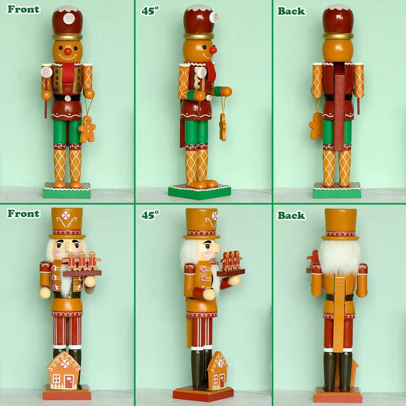 AULUDA 15" Christmas Decorative Nutcrackers, 2 Ginger Bread Men, Handmade Wooden Puppet Figures, Collectible Festive Present Figurine Shelves Tables Decorations - Image 3