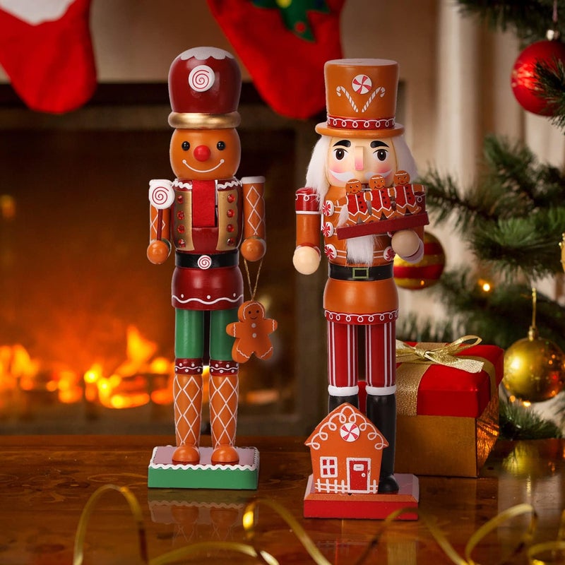 AULUDA 15" Christmas Decorative Nutcrackers, 2 Ginger Bread Men, Handmade Wooden Puppet Figures, Collectible Festive Present Figurine Shelves Tables Decorations - Image 4