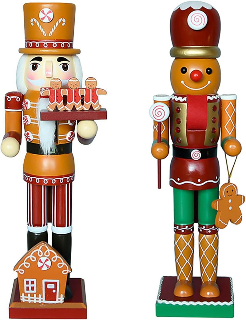 AULUDA 15" Christmas Decorative Nutcrackers, 2 Ginger Bread Men, Handmade Wooden Puppet Figures, Collectible Festive Present Figurine Shelves Tables Decorations - Image 1