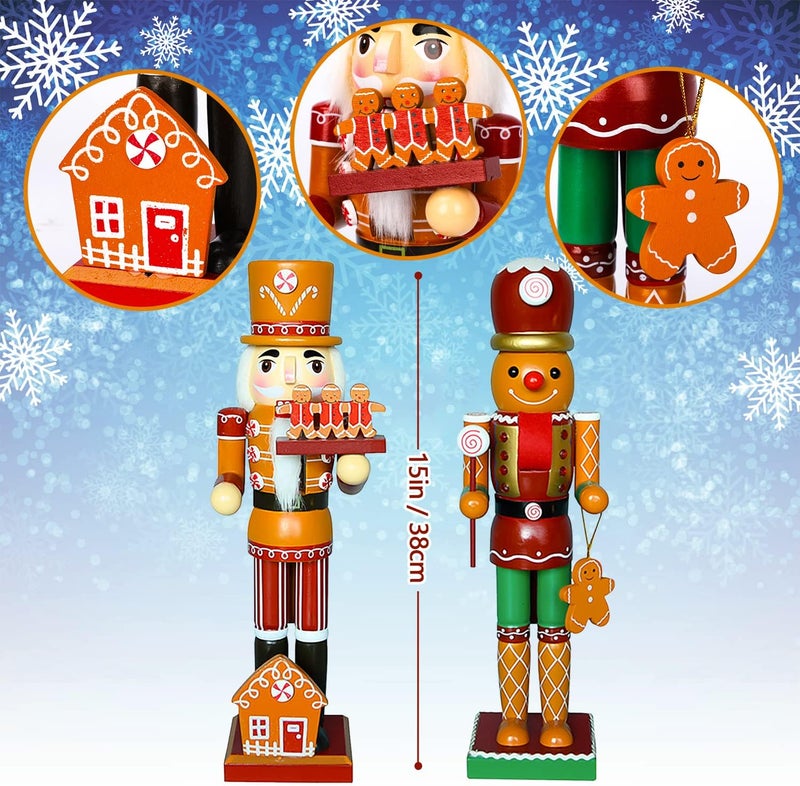 AULUDA 15" Christmas Decorative Nutcrackers, 2 Ginger Bread Men, Handmade Wooden Puppet Figures, Collectible Festive Present Figurine Shelves Tables Decorations - Image 5