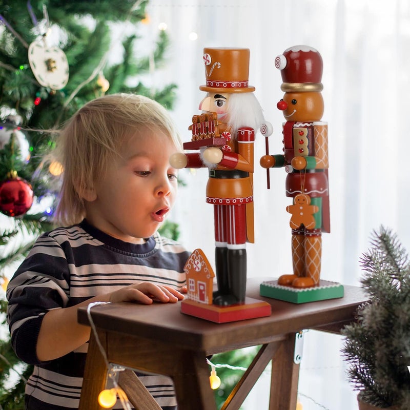 AULUDA 15" Christmas Decorative Nutcrackers, 2 Ginger Bread Men, Handmade Wooden Puppet Figures, Collectible Festive Present Figurine Shelves Tables Decorations - Image 2
