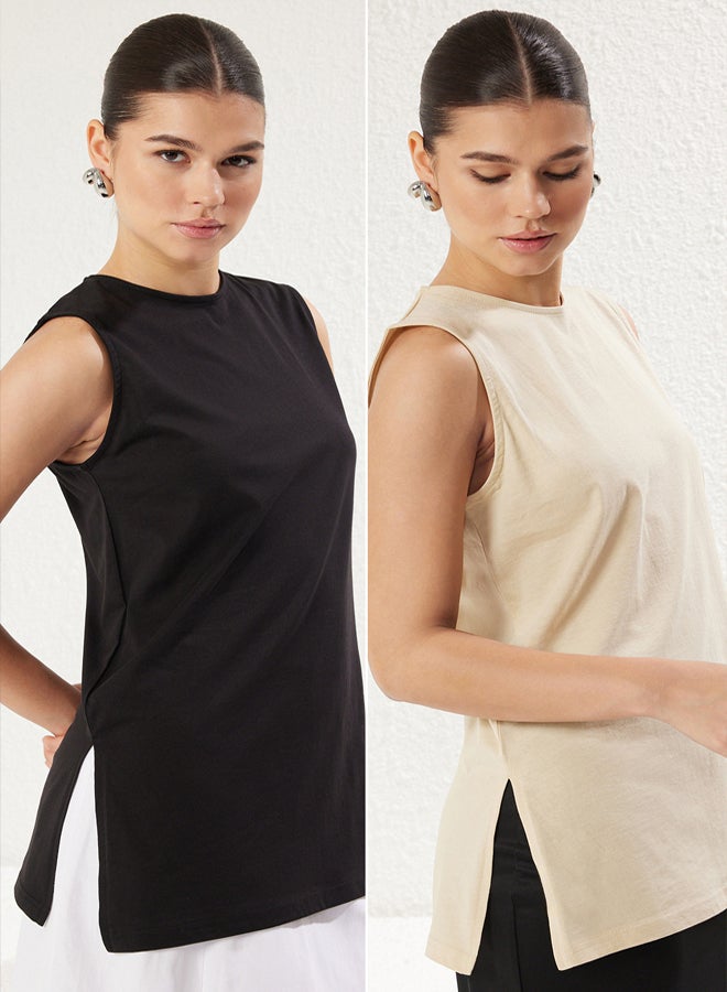 trendyol Black-Skin Slit Detail Sleeveless Knitted Undershirt T-Shirt - Image 1