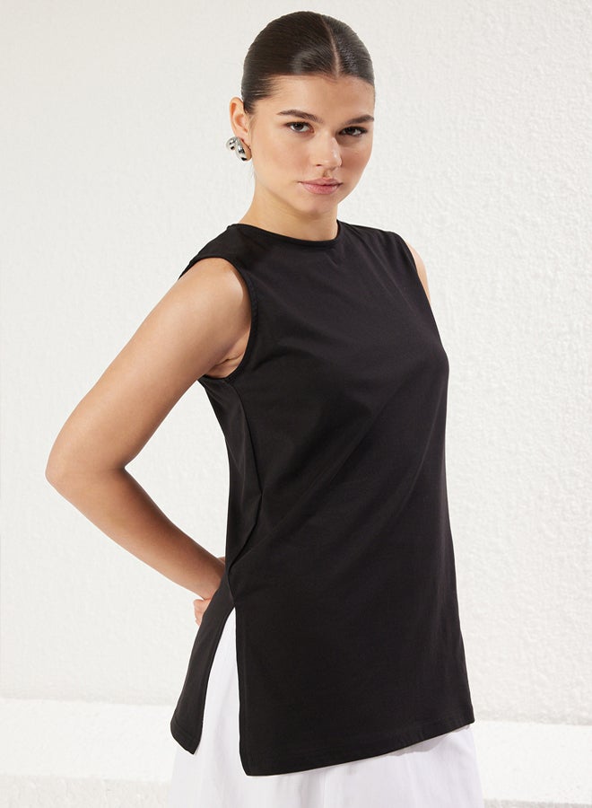 trendyol Black-Skin Slit Detail Sleeveless Knitted Undershirt T-Shirt - Image 5
