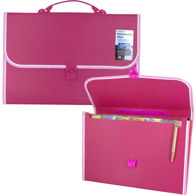 sps 13 Pocket Expanding File Folder with Buckle Closure,Label Index and Handle for A4/Foolscap/Legal Documents (Pink) - Image 1