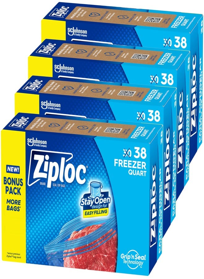 Ziploc Quart Food Storage Freezer Bags, Stay Open Design, Easy to Fill, 38 count, 4 Pack, 152 Total - Image 1