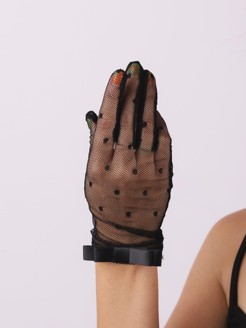 Sacina Goth Black Mesh Lace Bow Gloves, Gothic Y2k Lolita Vintage Costume Accessories - Image 2
