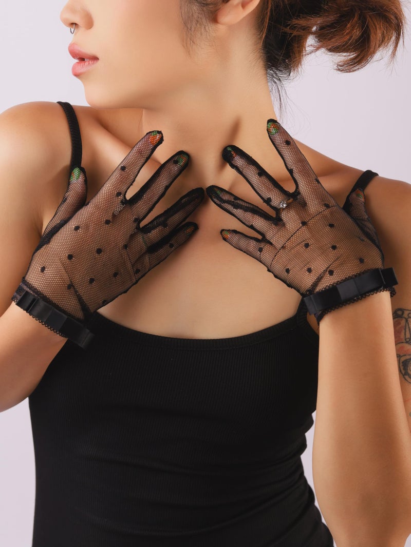Sacina Goth Black Mesh Lace Bow Gloves, Gothic Y2k Lolita Vintage Costume Accessories - Image 3