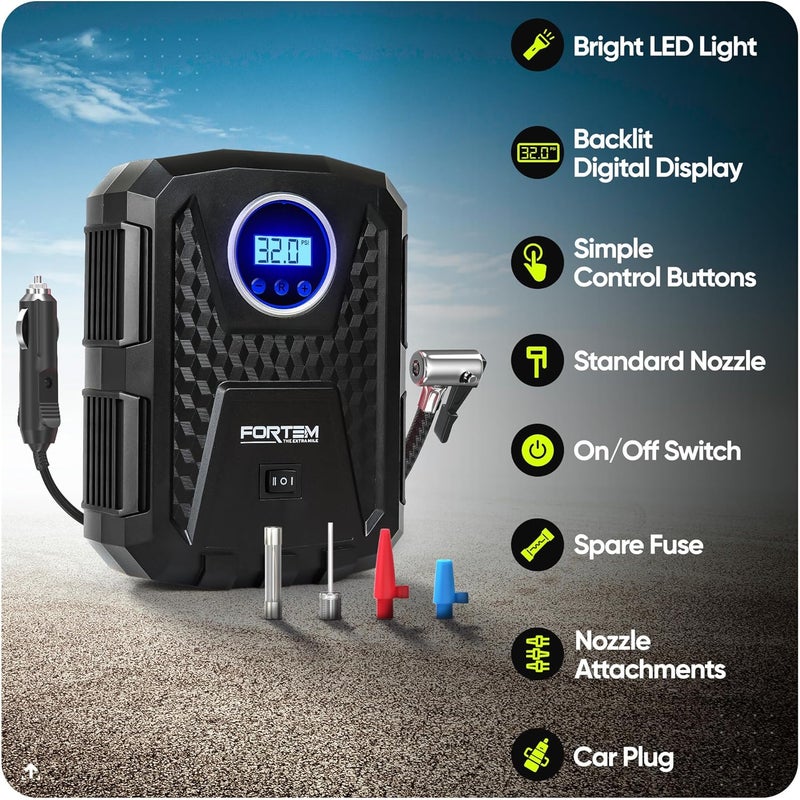 FORTEM 150 PSI 12V Electric Bike Pump & Car Tire Inflator with LED Light, Digital Tire Pressure Gauge, Auto Pump/Shut Off, Carrying Case - Image 2
