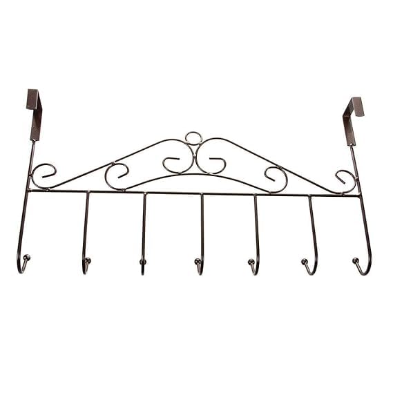 Over Door Hook Rack 7 Hooks Decorative Scroll Design Bronze Metal