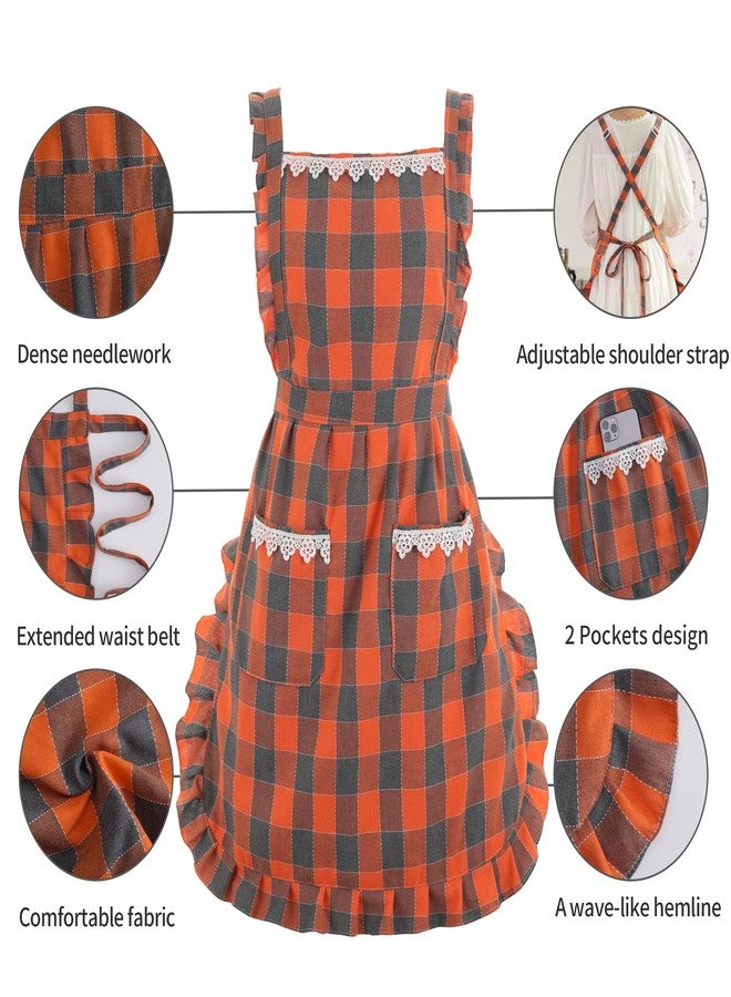 Aoomzoon Funny Aprons for Women with Pockets, Kitchen Cooking Grilling Bbq Cute Chef Apron, Mothers Day Birthday Gifts for Women, Orange/Plaid - Image 4