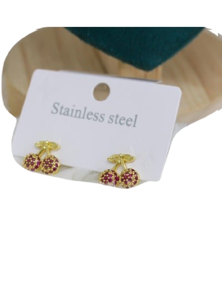 MANIKAN Stainless Steel Cherry Stud Earrings with Pink Crystal Accents, Gold-Toned
