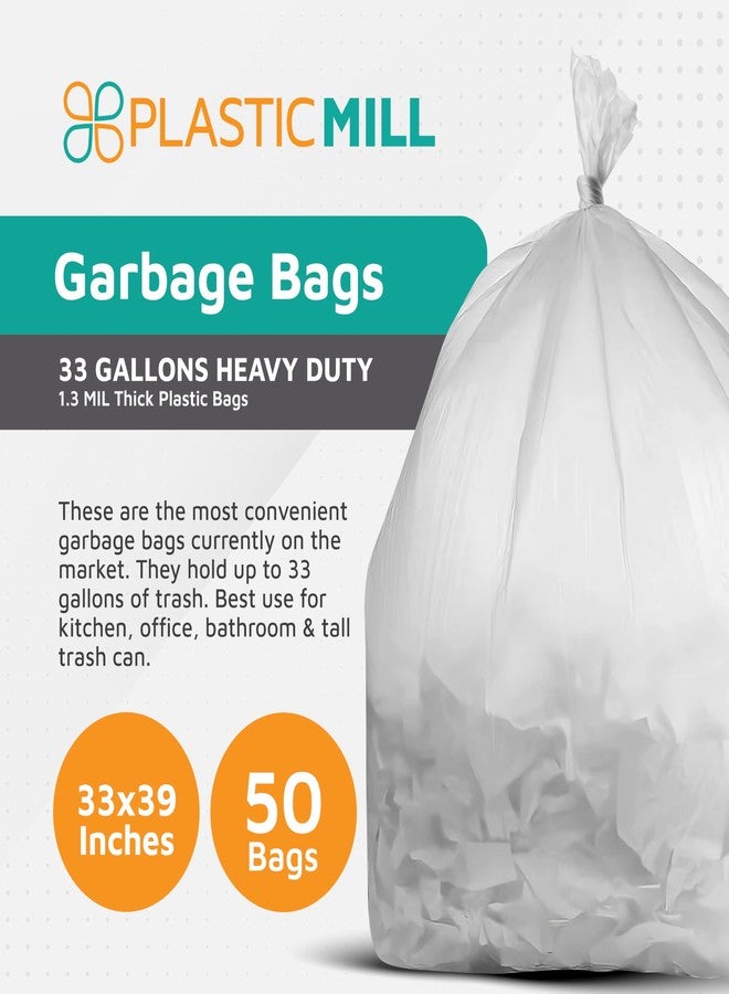 PlasticMill Heavy Duty Trash Bags - Clear Garbage Bags - Plastic Trash Bags - Tall Trash Bags, Trash Can Liners - 33-Gallon Large Kitchen Trash Bags, 1.3 Mil, 33"x39" (50-Count) - Image 2