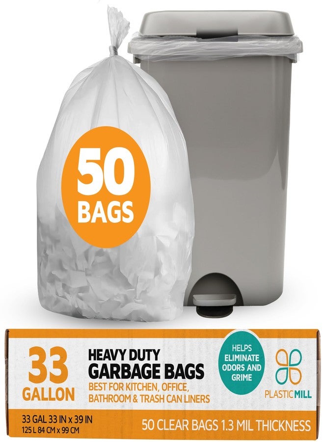 PlasticMill Heavy Duty Trash Bags - Clear Garbage Bags - Plastic Trash Bags - Tall Trash Bags, Trash Can Liners - 33-Gallon Large Kitchen Trash Bags, 1.3 Mil, 33"x39" (50-Count) - Image 1