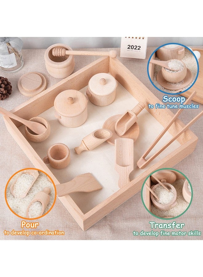 BBtinker Montessori Sensory Bin Tools Toy with Wooden Box for Toddlers, Pretend Play Dish Toys Wooden Bowls Scoop Tongs Transfer Work Pouring Set, Kids Fine Motor Skills Development - Image 3