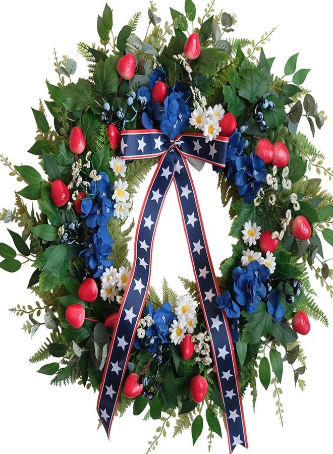 CIR OASES 24 Inch Patriotic Wreath for Front Door, 4th of July Decorations with Red White Blue Bow, Red Strawberry & Hydrangea, Memorial Day Independence Day Wreath for Home Wall Window Porch - Image 1