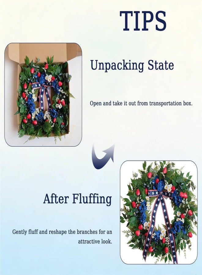 CIR OASES 24 Inch Patriotic Wreath for Front Door, 4th of July Decorations with Red White Blue Bow, Red Strawberry & Hydrangea, Memorial Day Independence Day Wreath for Home Wall Window Porch - Image 4