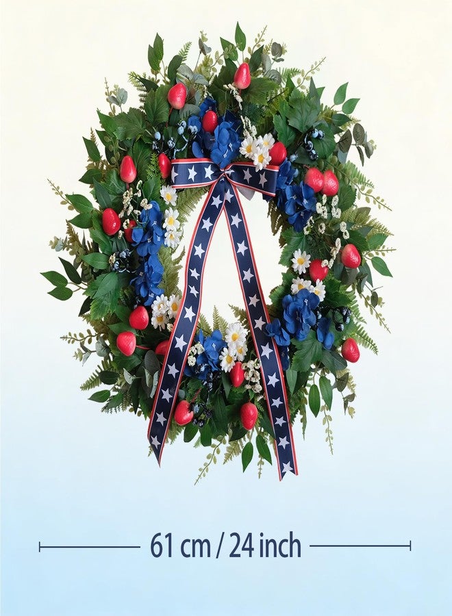 CIR OASES 24 Inch Patriotic Wreath for Front Door, 4th of July Decorations with Red White Blue Bow, Red Strawberry & Hydrangea, Memorial Day Independence Day Wreath for Home Wall Window Porch - Image 2
