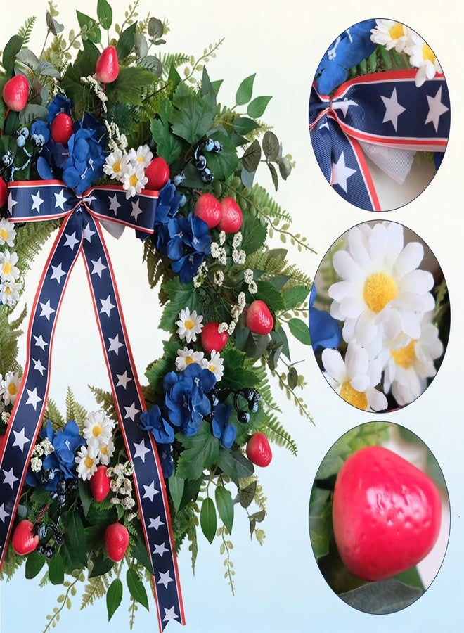 CIR OASES 24 Inch Patriotic Wreath for Front Door, 4th of July Decorations with Red White Blue Bow, Red Strawberry & Hydrangea, Memorial Day Independence Day Wreath for Home Wall Window Porch - Image 3
