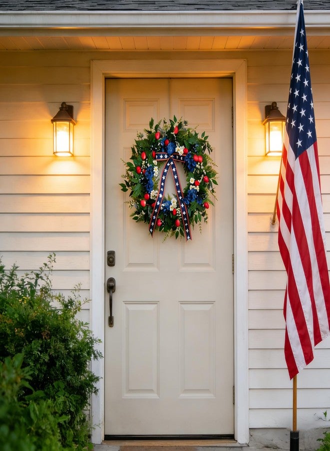 CIR OASES 24 Inch Patriotic Wreath for Front Door, 4th of July Decorations with Red White Blue Bow, Red Strawberry & Hydrangea, Memorial Day Independence Day Wreath for Home Wall Window Porch - Image 5