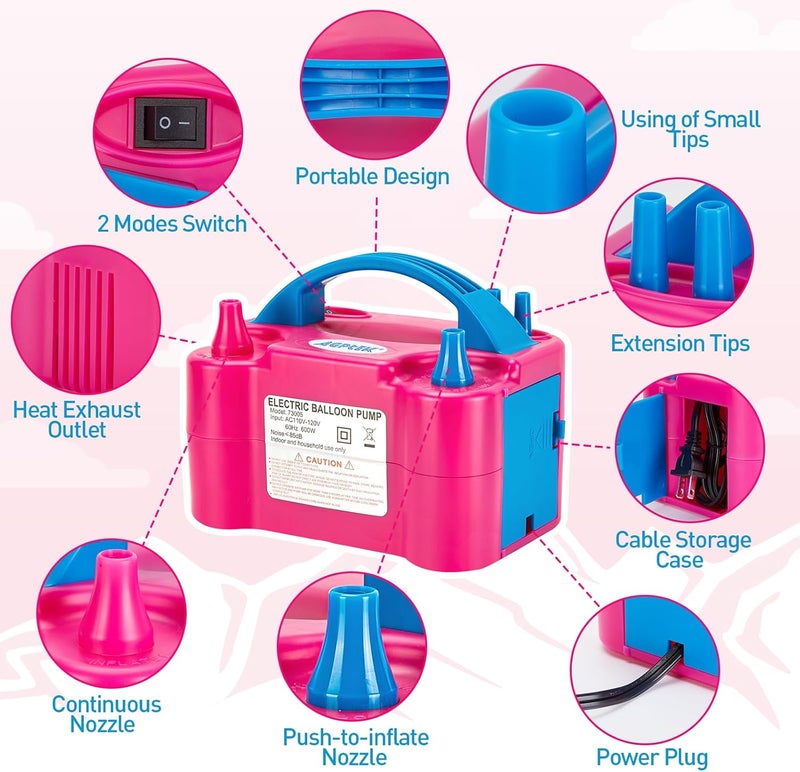 AGPtek مضخة بالون هوائية كهربائية، 110 فولت 600 واط باللون الوردي القابل للنقل مع فوهتين لتضخيم/نفخ الزينة للحفلات - Image 2