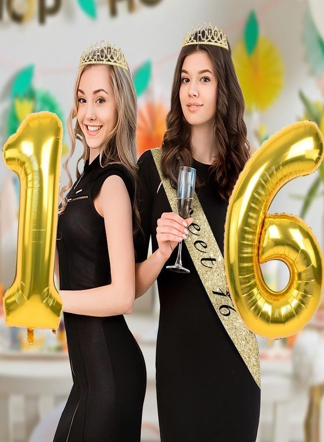 YeohJoy 32Pcs Sweet 16 Party Decorations with Banners, Hanging Swirls,Star Garland, Butterfly,Sweet 16 Sash and Tiara,Cake Toper Candles,Balloons, 16th Birthday Decorations for Girls Gold White - Image 2