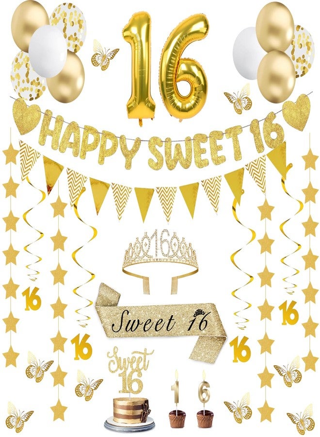 YeohJoy 32Pcs Sweet 16 Party Decorations with Banners, Hanging Swirls,Star Garland, Butterfly,Sweet 16 Sash and Tiara,Cake Toper Candles,Balloons, 16th Birthday Decorations for Girls Gold White - Image 1
