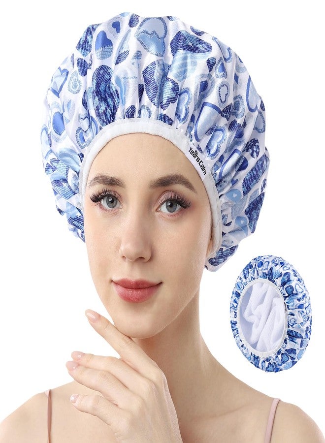 Years calm Terry Lined Shower Cap, Triple Layer Heart Motifs,Waterproof Reusable Elastic,Hair Shower Cap for Women,Terry Cloth Shower Caps for Spa,Clean,Trave (Blue, One Size) - Image 1