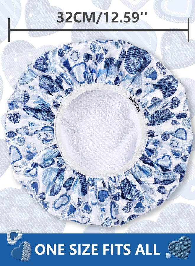 Years calm Terry Lined Shower Cap, Triple Layer Heart Motifs,Waterproof Reusable Elastic,Hair Shower Cap for Women,Terry Cloth Shower Caps for Spa,Clean,Trave (Blue, One Size) - Image 2