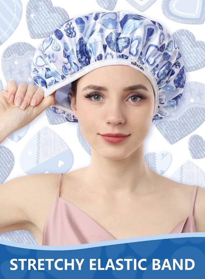 Years calm Terry Lined Shower Cap, Triple Layer Heart Motifs,Waterproof Reusable Elastic,Hair Shower Cap for Women,Terry Cloth Shower Caps for Spa,Clean,Trave (Blue, One Size) - Image 4