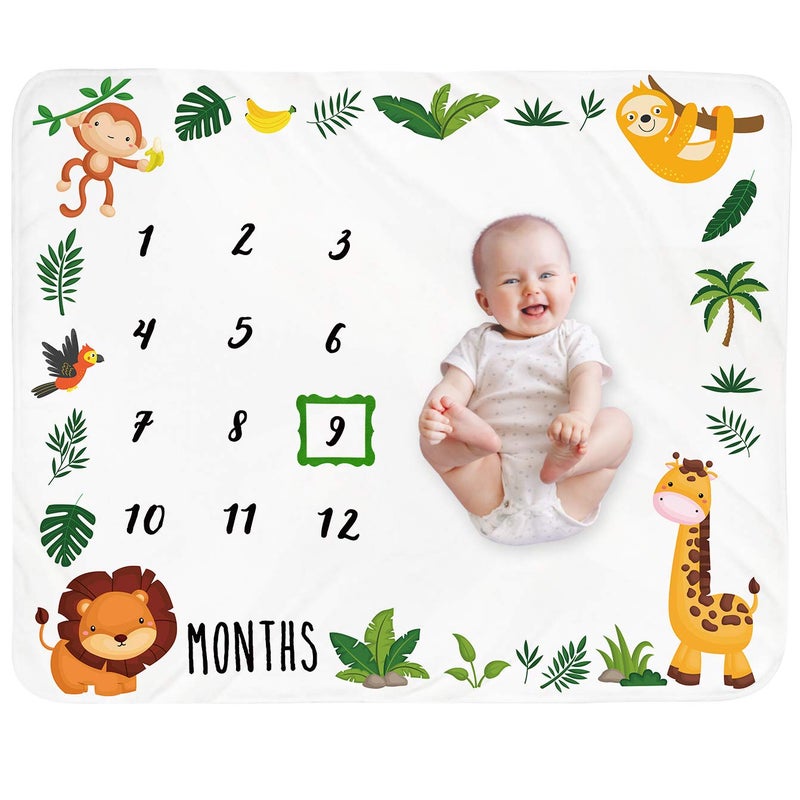 Tebaby Baby Monthly Milestone Blanket Boy - Jungle Animals Neutral Newborn Month Blanket for Boy & Girl Personalized Shower Gift Safari Nursery Decor Photography Background Prop with Frame Large 51''x40'' - Image 1